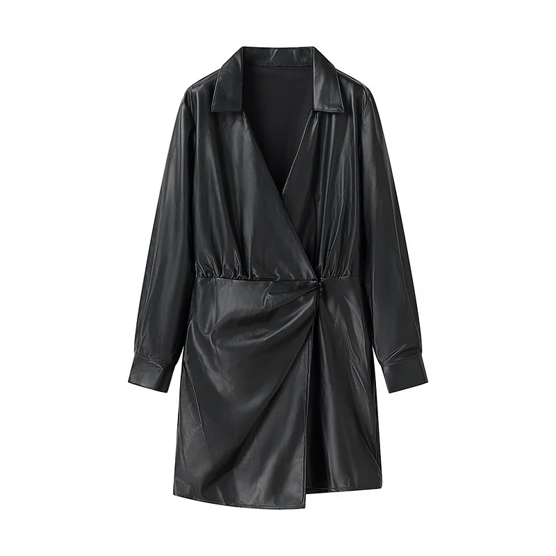 Damen Wickel-Kunstleder-Minikleid mit Hemdkragen, geraffter Taillenpartie und Manschetten Drune