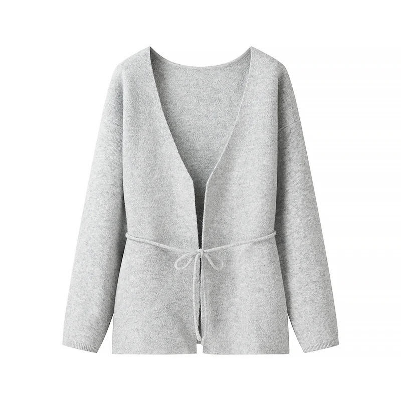 Damen Wickel-Cardigan aus grob gestricktem Wollmix mit V‑Ausschnitt und Ballonärmeln Drune