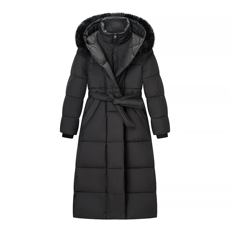 Damen Wattierter Longline-Mantel mit Kapuze und Taillengürtel Drune