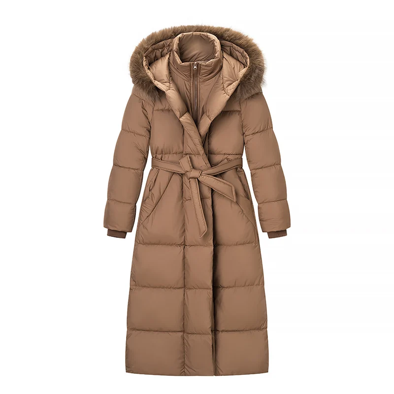 Damen Wattierter Longline-Mantel mit Kapuze und Taillengürtel Drune