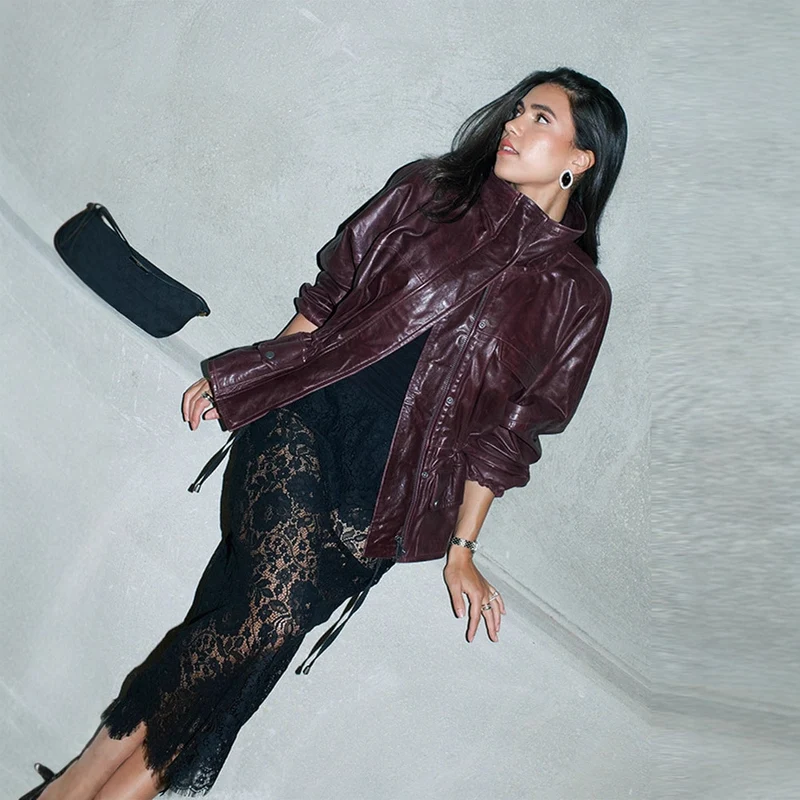 Damen Wasserabweisende Kunstleder-Utility-Jacke mit Stehkragen und aufgesetzten Pattentaschen Drune