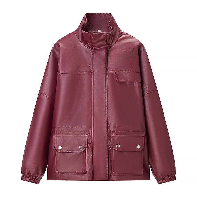 Damen Wasserabweisende Kunstleder-Utility-Jacke mit Stehkragen und aufgesetzten Pattentaschen Drune