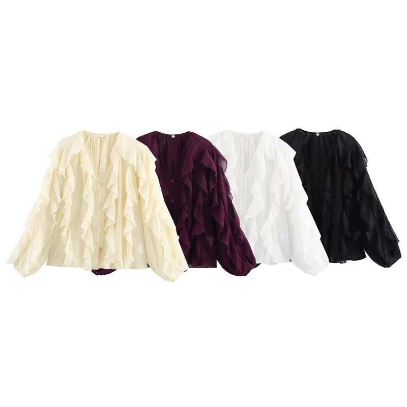 Damen Volant‑Chiffonbluse mit Lagen‑Rüschen und weiten Ballonärmeln Drune