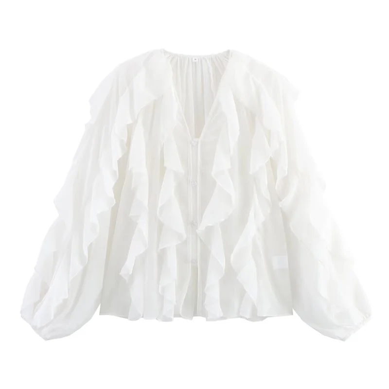 Damen Volant‑Chiffonbluse mit Lagen‑Rüschen und weiten Ballonärmeln Drune