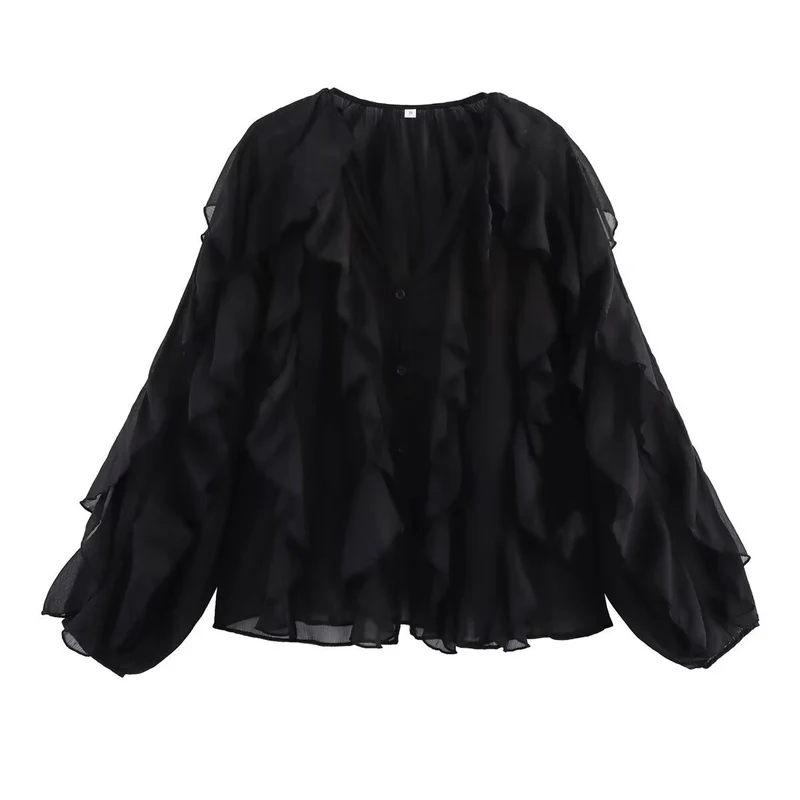 Damen Volant‑Chiffonbluse mit Lagen‑Rüschen und weiten Ballonärmeln Drune