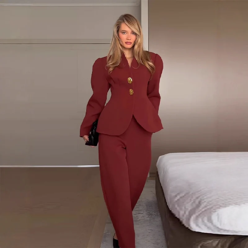 Damen Taillierter Blazer mit Schößchen und weite Hose mit hohem Bund Drune