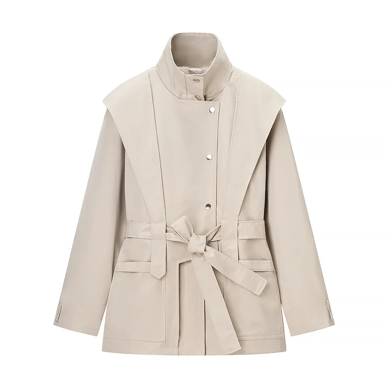 Damen Taillierte Übergangsjacke mit Stehkragen, Schultercape und Bindegürtel Drune