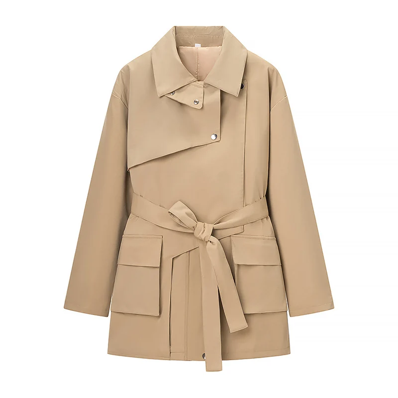 Damen Taillierte Übergangsjacke mit Stehkragen, Schultercape und Bindegürtel Drune
