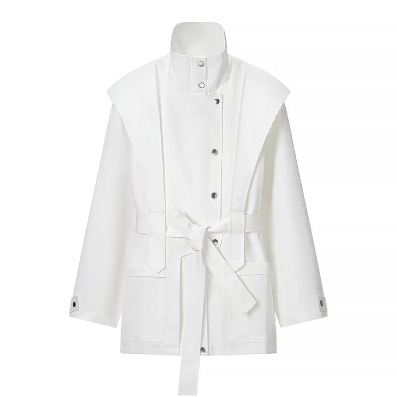 Damen Taillierte Übergangsjacke mit Stehkragen, Schultercape und Bindegürtel Drune