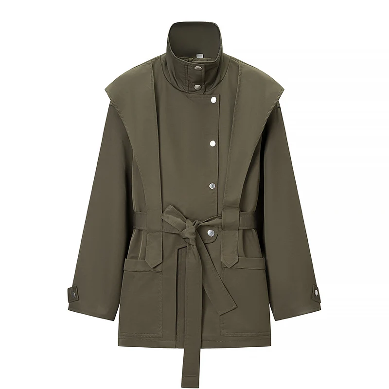 Damen Taillierte Übergangsjacke mit Stehkragen, Schultercape und Bindegürtel Drune