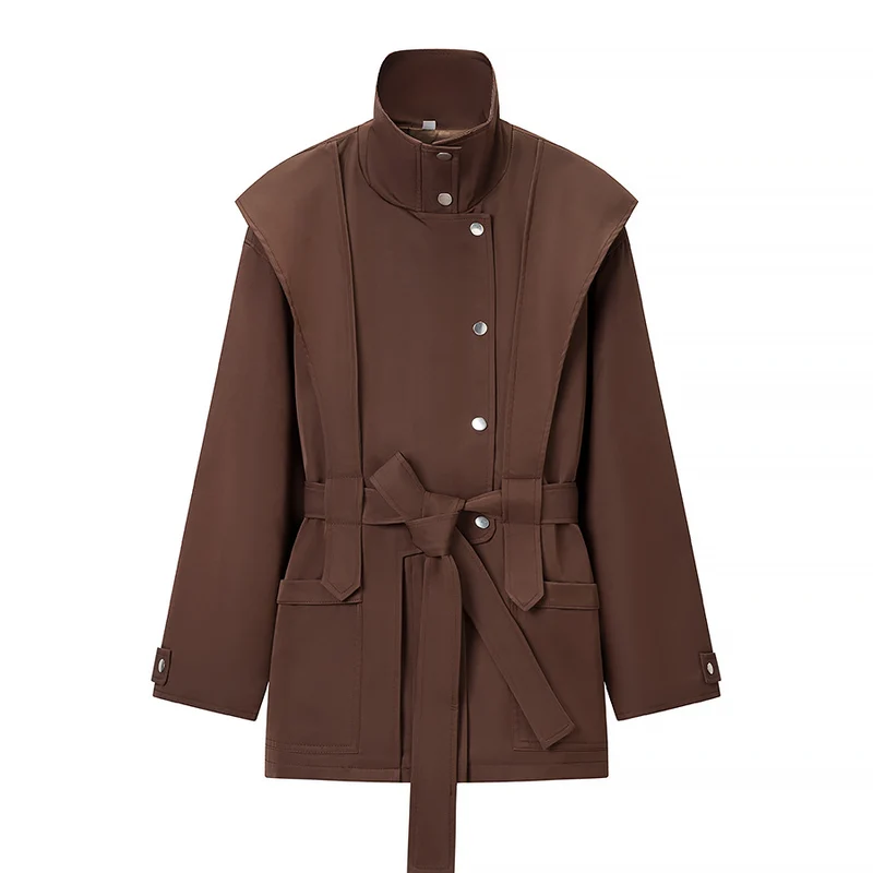 Damen Taillierte Übergangsjacke mit Stehkragen, Schultercape und Bindegürtel Drune