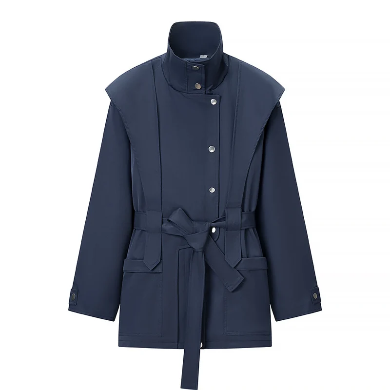 Damen Taillierte Übergangsjacke mit Stehkragen, Schultercape und Bindegürtel Drune