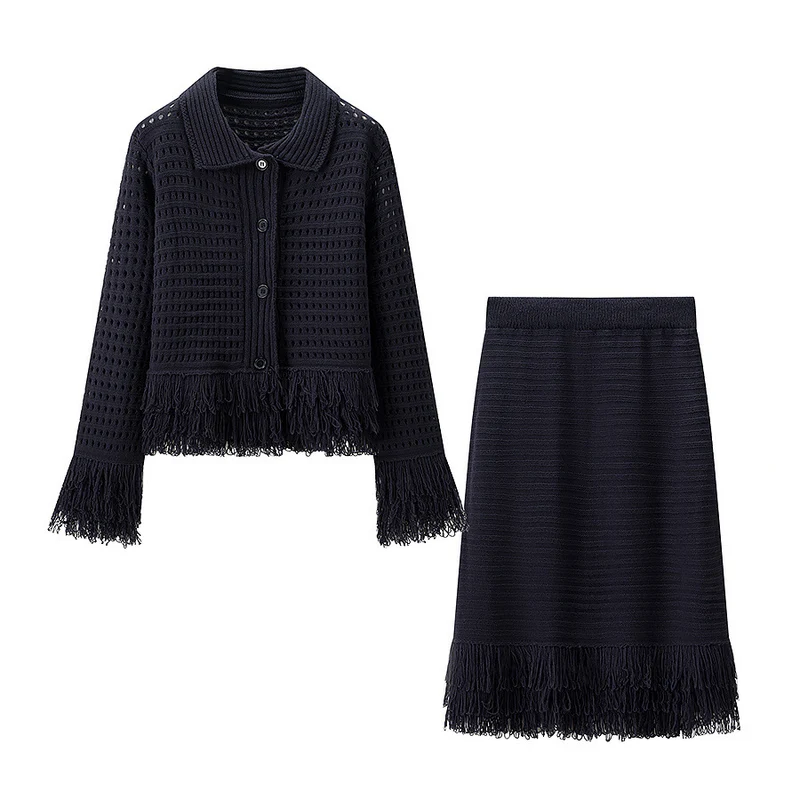 Damen Taillierte Strickjacke mit Fransenbesatz und Hemdkragen Drune