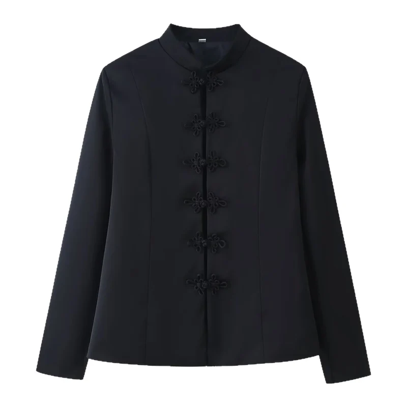 Damen Taillierte Mandarinkragen-Jacke mit dekorativen Kordelknöpfen Drune