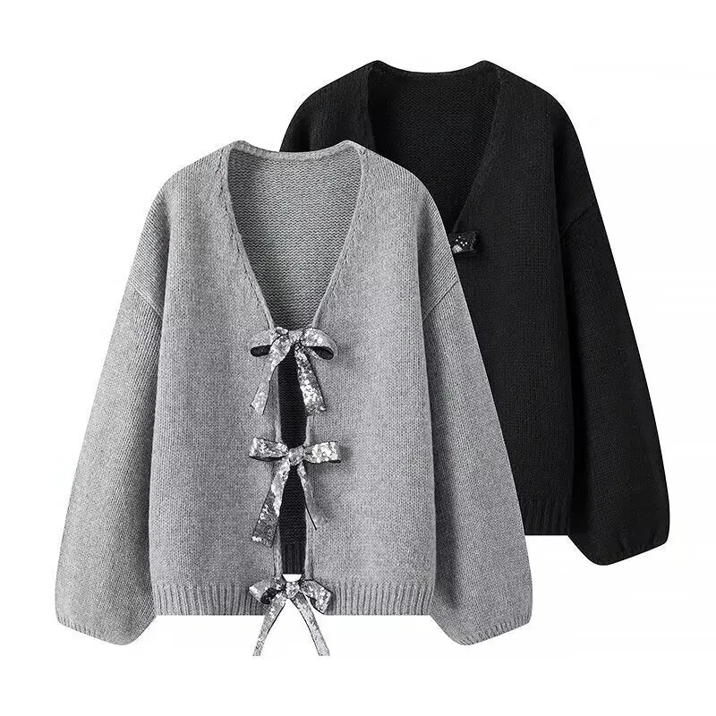 Damen Strickcardigan mit V-Ausschnitt und dreifachen Pailletten‑Schleifen Drune