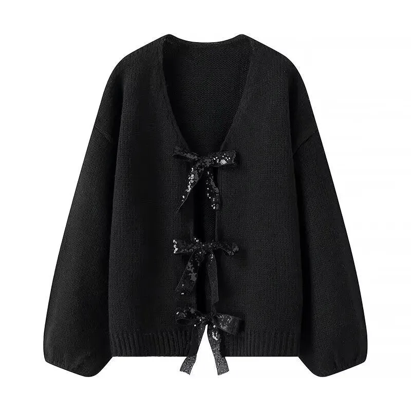 Damen Strickcardigan mit V-Ausschnitt und dreifachen Pailletten‑Schleifen Drune