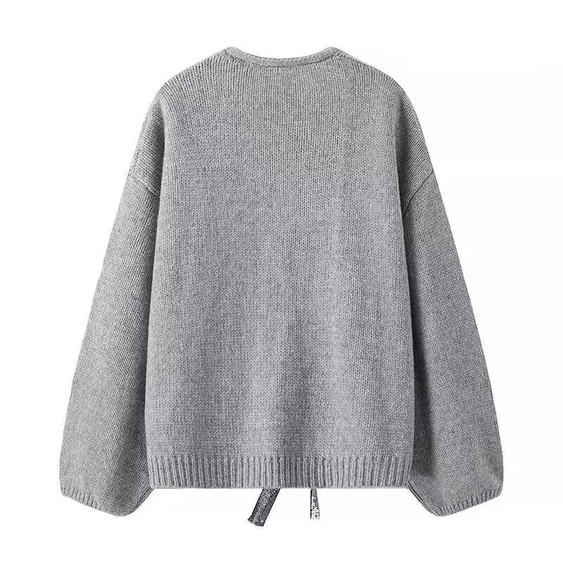 Damen Strickcardigan mit V-Ausschnitt und dreifachen Pailletten‑Schleifen Drune