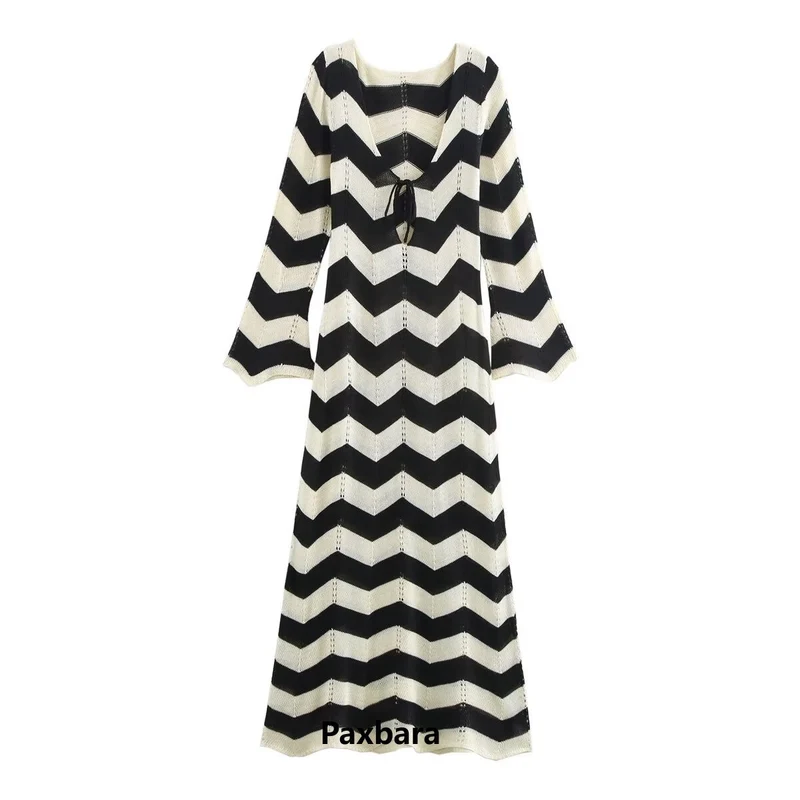 Damen Strick-Maxikleid mit Zickzack-Muster, V‑Rücken und Trompetenärmeln Drune