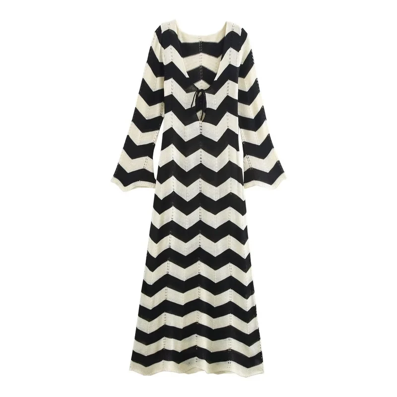 Damen Strick-Maxikleid mit Zickzack-Muster, V‑Rücken und Trompetenärmeln Drune