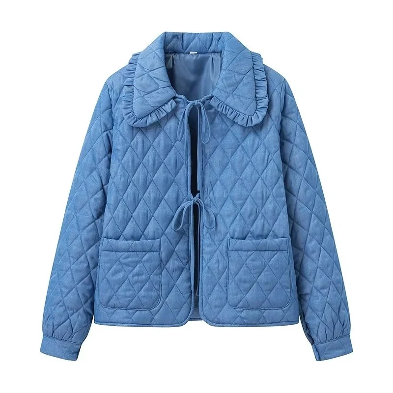 Damen Steppjacke im Vintage‑Look mit Rüschenkragen und Bindebändern Drune