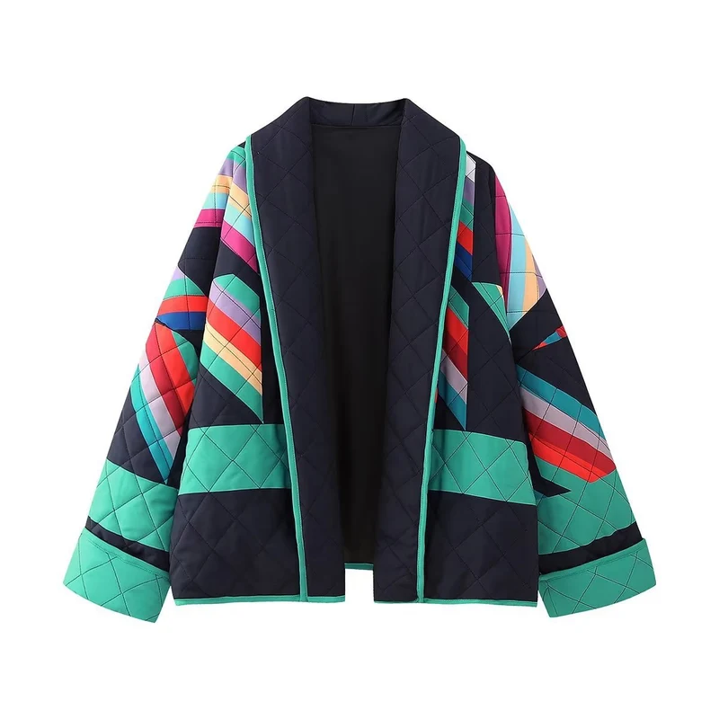 Damen Stepp-Kimonojacke mit geometrischem Colorblock-Print und offener Front Drune