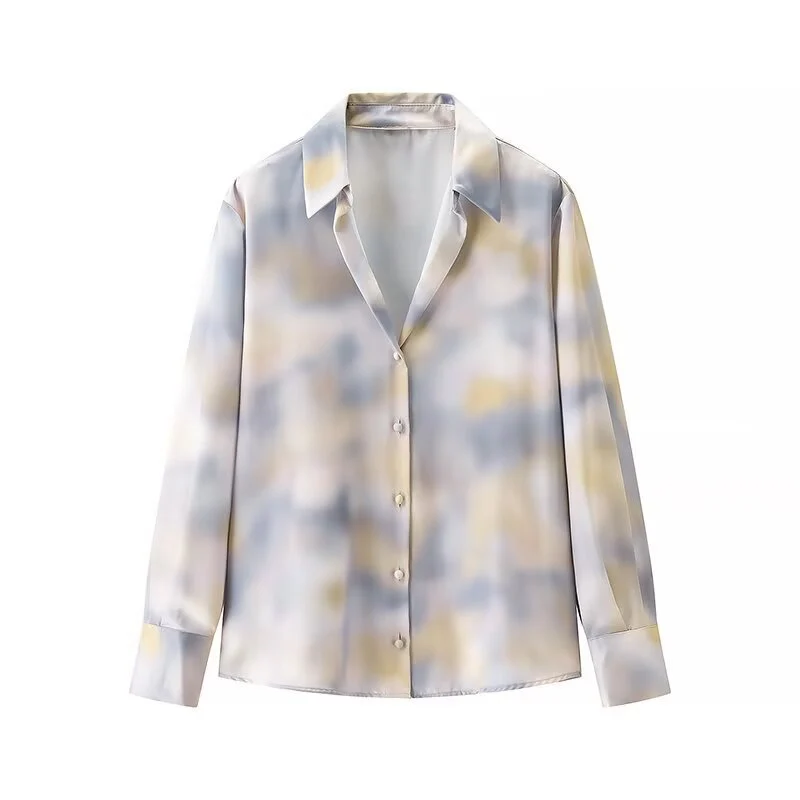 Damen Seidiges Zweiteiliges Blusen- und Midirock-Set mit A-Linienrock und abstraktem Aquarellprint Drune