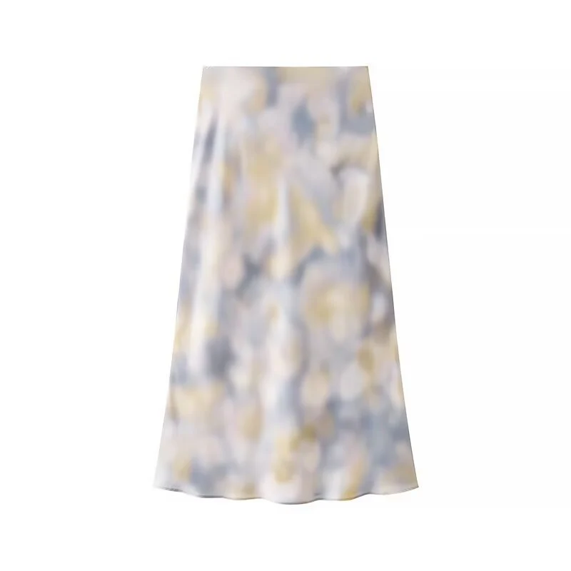 Damen Seidiges Zweiteiliges Blusen- und Midirock-Set mit A-Linienrock und abstraktem Aquarellprint Drune