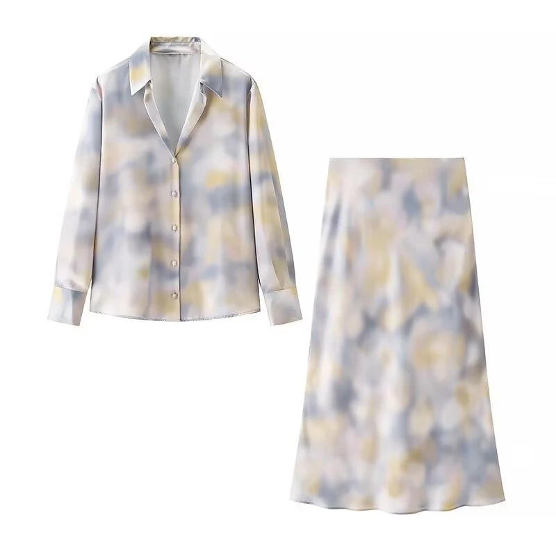 Damen Seidiges Zweiteiliges Blusen- und Midirock-Set mit A-Linienrock und abstraktem Aquarellprint Drune