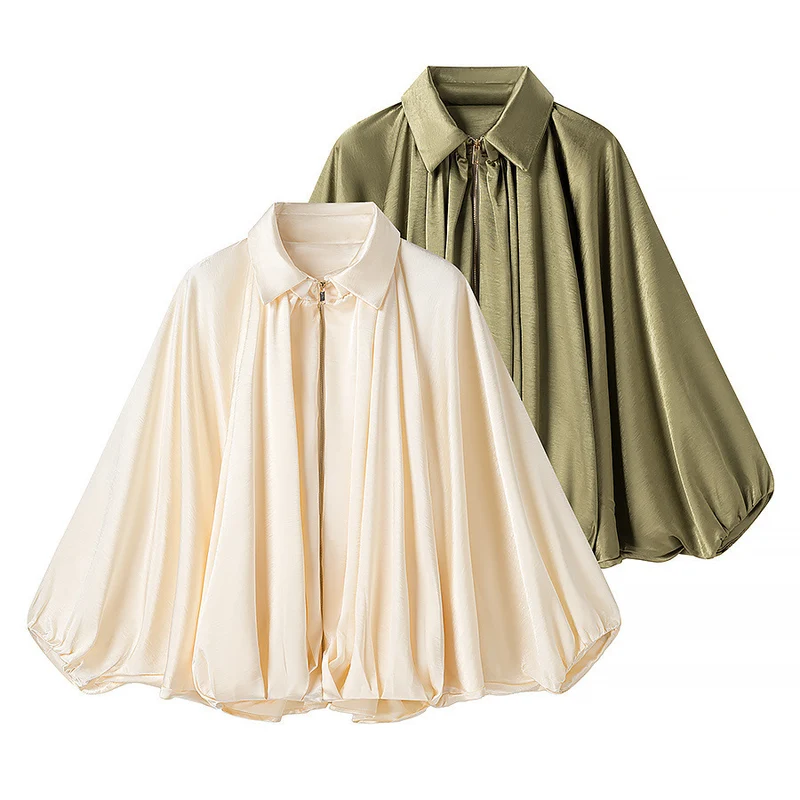 Damen Seidig-fließende Cape-Bluse mit Reißverschluss, Ballonärmeln und Hemdkragen Drune