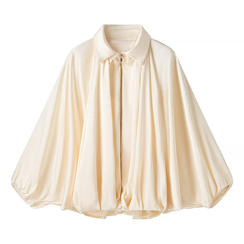 Damen Seidig-fließende Cape-Bluse mit Reißverschluss, Ballonärmeln und Hemdkragen Drune