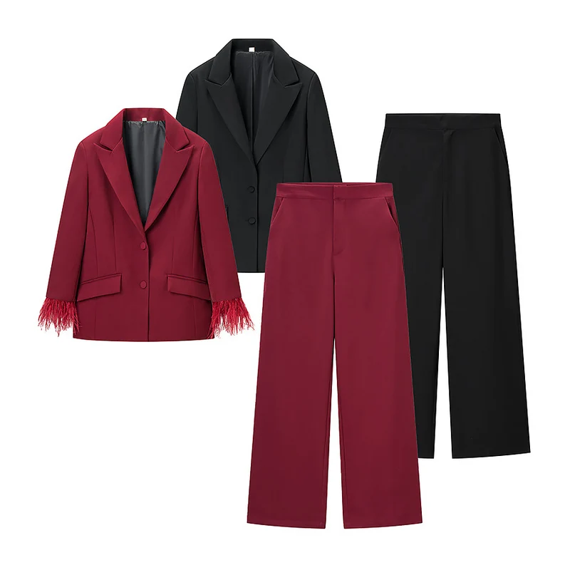 Damen Schicker taillierter Blazer-Hosenanzug mit Federbesatz an Manschetten Drune