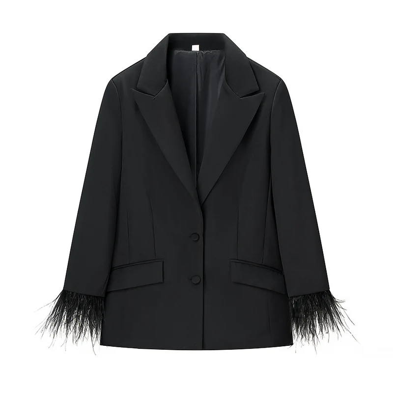 Damen Schicker taillierter Blazer-Hosenanzug mit Federbesatz an Manschetten Drune