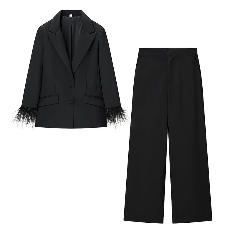 Damen Schicker taillierter Blazer-Hosenanzug mit Federbesatz an Manschetten Drune