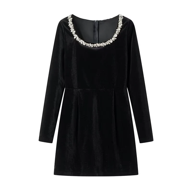 Damen Samtkleid mit taillierter Korsage, quadratischem Ausschnitt und floraler Zierkante Drune
