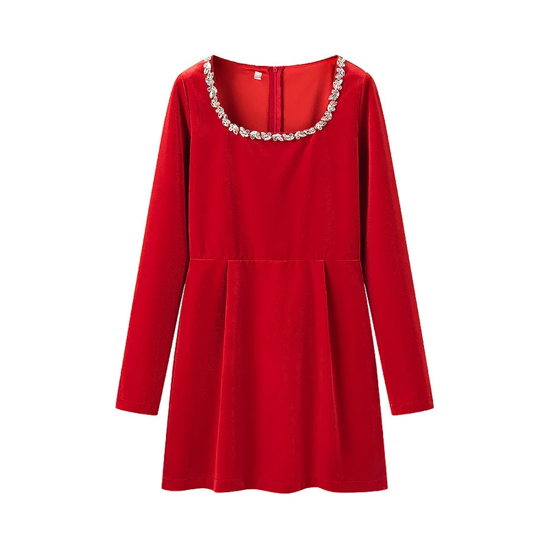 Damen Samtkleid mit taillierter Korsage, quadratischem Ausschnitt und floraler Zierkante Drune