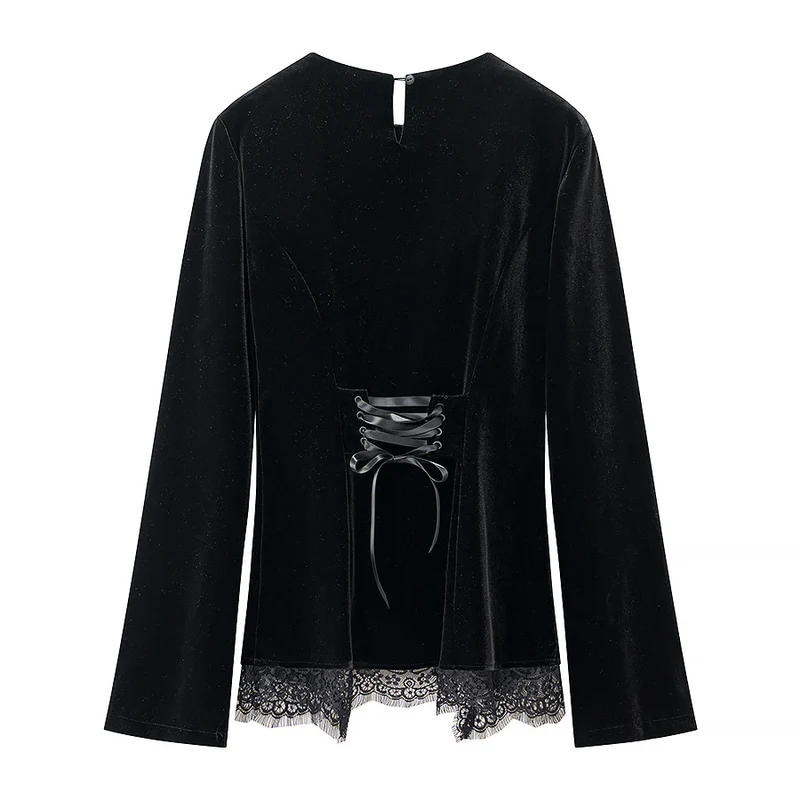 Damen Samtbluse mit Spitzen-Insert und asymmetrischem Spitzensaum Drune