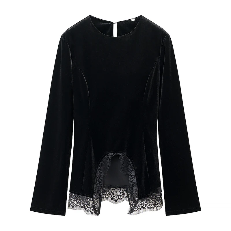 Damen Samtbluse mit Spitzen-Insert und asymmetrischem Spitzensaum Drune