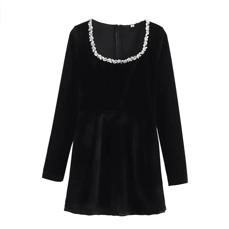 Damen Samt‑Minikleid mit quadratischem Ausschnitt, Perlenblütenbesatz und A‑Linien‑Silhouette Drune