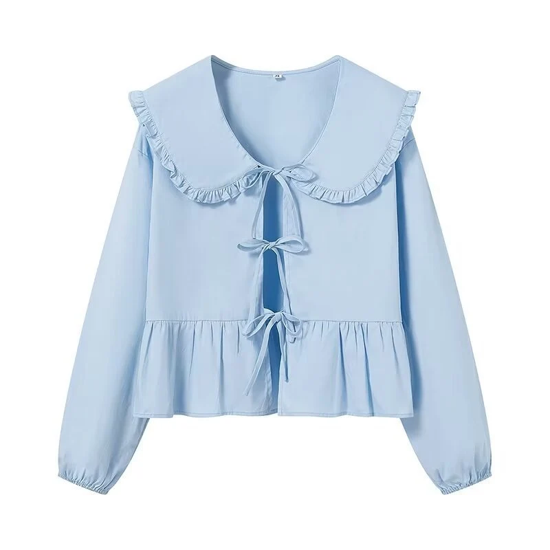 Damen Rüschige Cropped-Bluse mit übergroßem Kragen, Bindebändern und tailliertem Peplum Drune