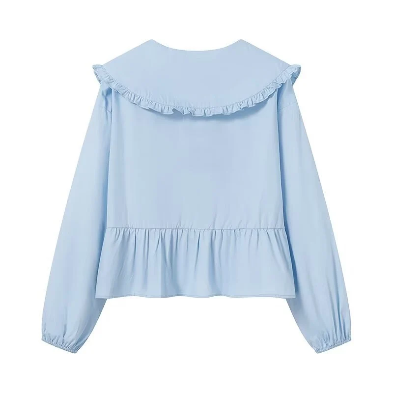 Damen Rüschige Cropped-Bluse mit übergroßem Kragen, Bindebändern und tailliertem Peplum Drune