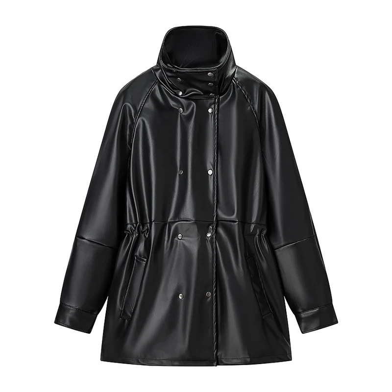 Damen Regenjacke aus Lederoptik mit hohem Stehkragen, Taillenzug und Druckknopffront Drune