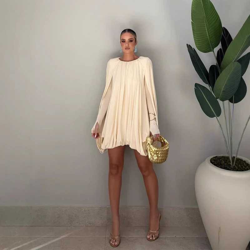 Damen Plissiertes Cocktail-Minikleid mit langen eng anliegenden Ärmeln und balloniertem Saum Drune