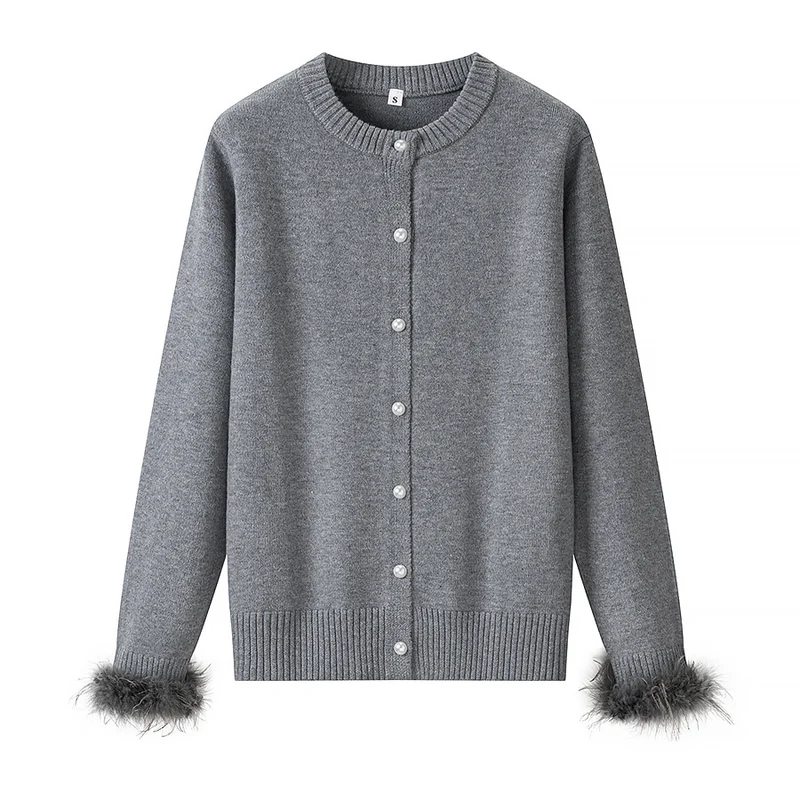 Damen Perlenknopf-Cardigan mit Kunstfeder-Bündchen Drune