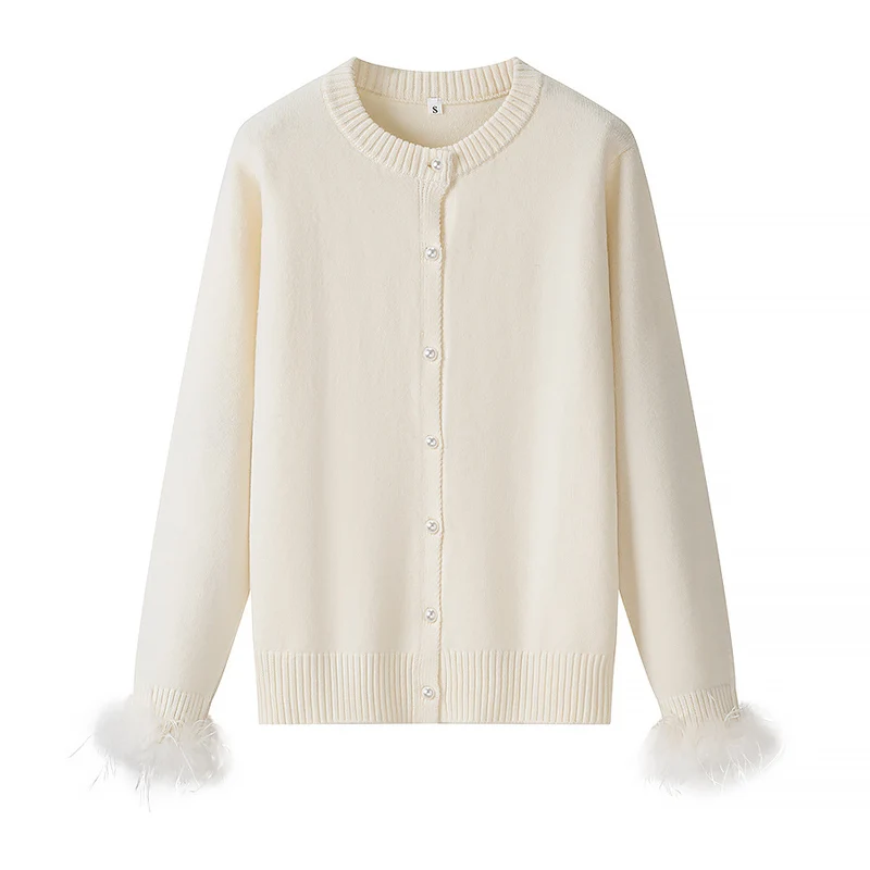 Damen Perlenknopf-Cardigan mit Kunstfeder-Bündchen Drune