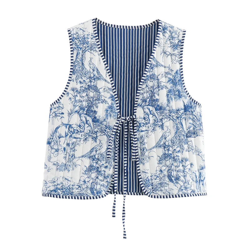 Damen Patchwork-Weste mit Bindeband und V-Ausschnitt Drune