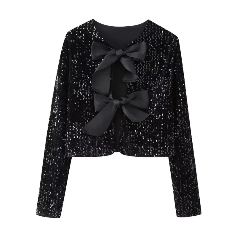 Damen Pailletten-Bolerojacke mit dekorativen Satin-Schleifen Drune