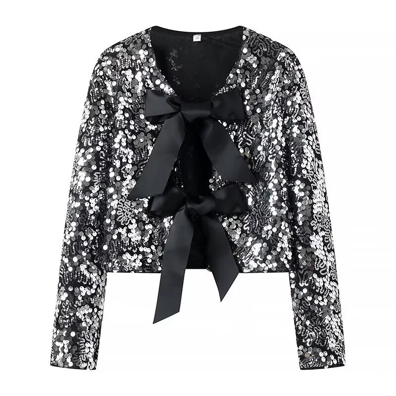 Damen Pailletten-Bolerojacke mit dekorativen Satin-Schleifen Drune