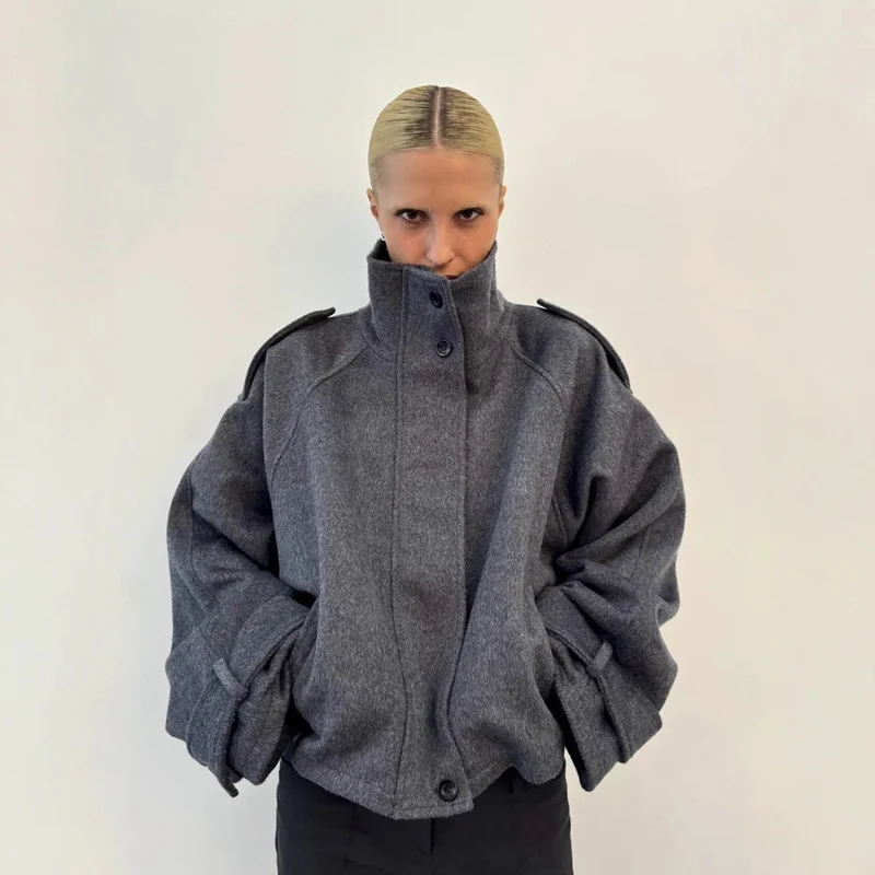 Damen Oversized Woll-Cropped-Jacke mit hohem Stehkragen und Ballonärmeln Drune