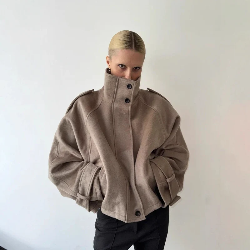 Damen Oversized Woll-Cropped-Jacke mit hohem Stehkragen und Ballonärmeln Drune