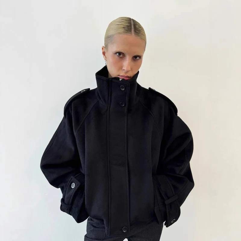 Damen Oversized Woll-Cropped-Jacke mit hohem Stehkragen und Ballonärmeln Drune